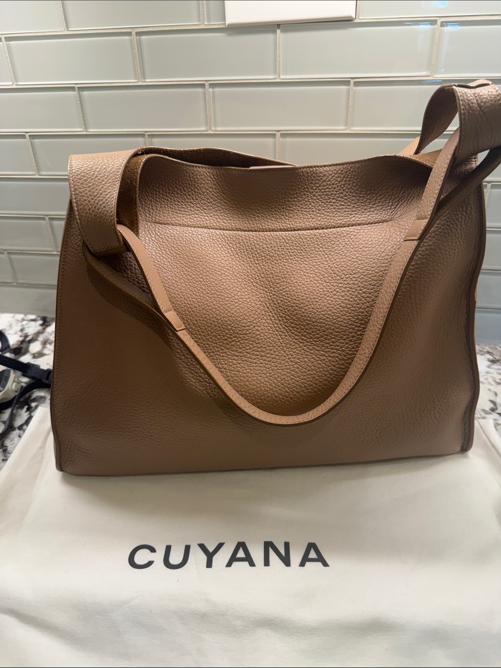 Cuyana Pebbled Double loop Leather Shoulder Bag in Brown-Taupe